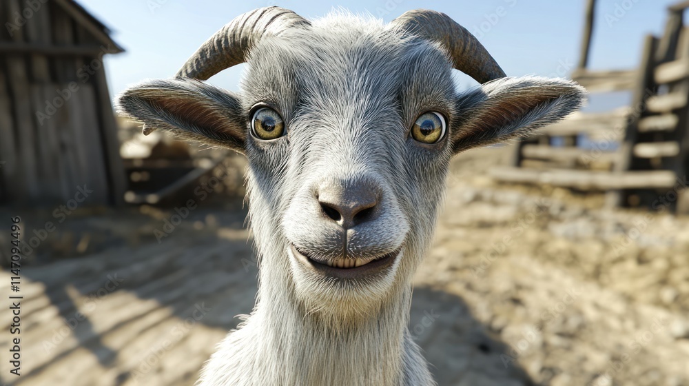 Close-up portrait of a smiling grey goat on a farm. Close-up portrait of a smiling grey goat on a farm.
