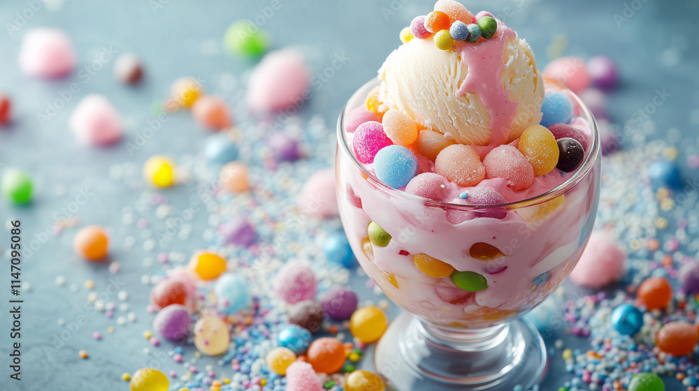 Cotton candy ice cream dessert with jelly bean topping
Cotton candy ice cream dessert with jelly bean topping
