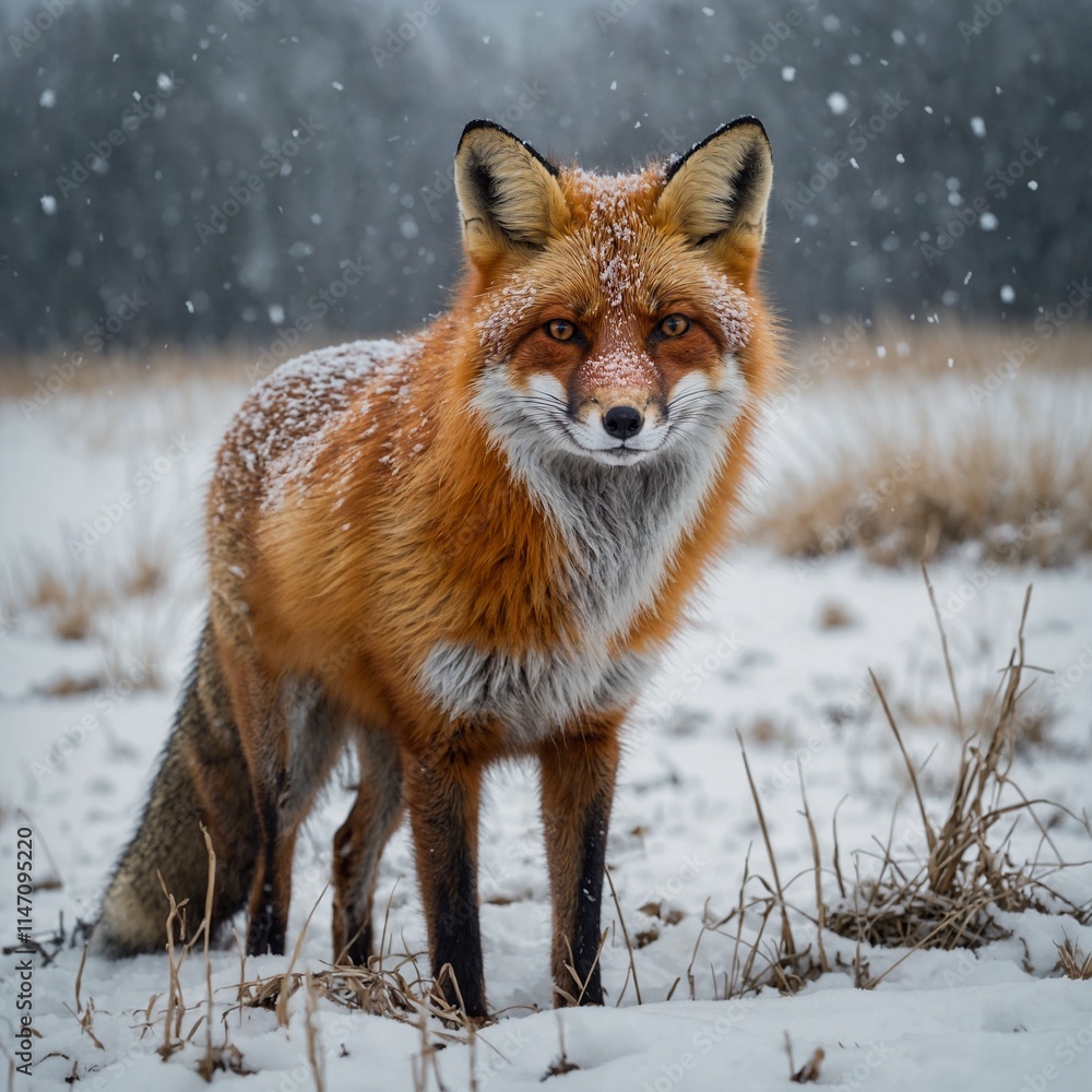 Obraz premium A fox with a thick winter coat standing in a snowy field.