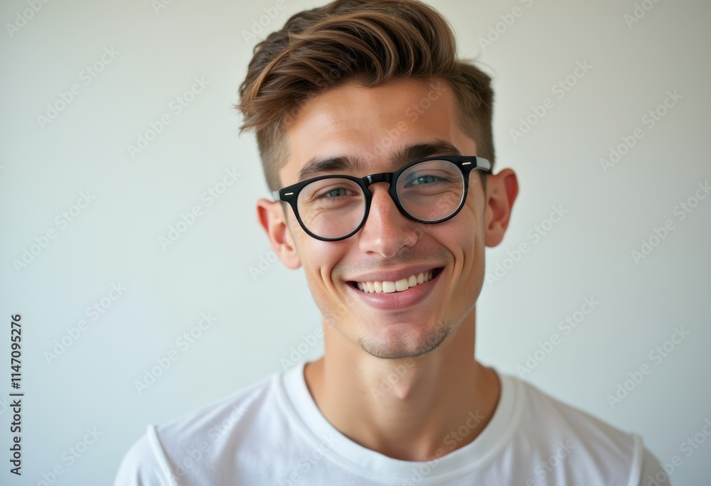 A young man with glasses smiles brightly at the camera, showcasing his happiness and positive energy. A young man with glasses smiles brightly at the camera, showcasing his happiness and positive energy.