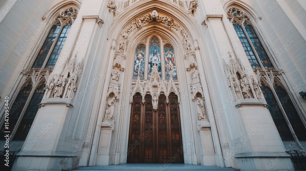Grand entrance of a cathedral featuring intricate sculptures and stained glass. Grand entrance of a cathedral featuring intricate sculptures and stained glass.