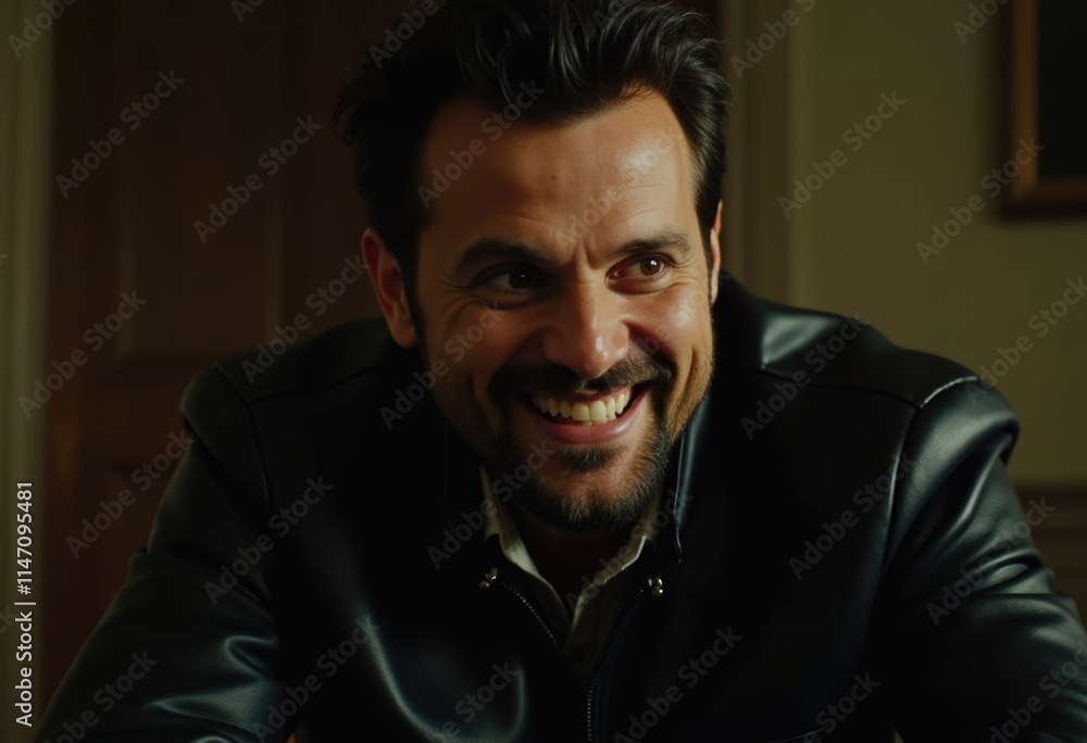 Fototapeta premium A man with a mischievous grin, wearing a black leather jacket, looks playfully at the camera.