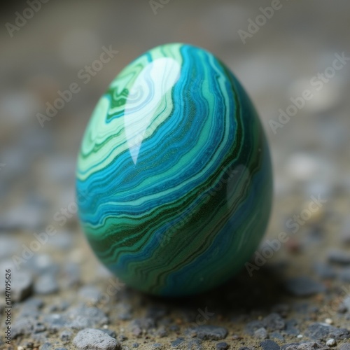 The image is a close-up of an Easter egg lying on a bed of small rocks and pebbles. The egg is round and has a smooth surface. photo