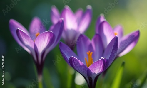 A group of purple crocuses in a field of green grass.