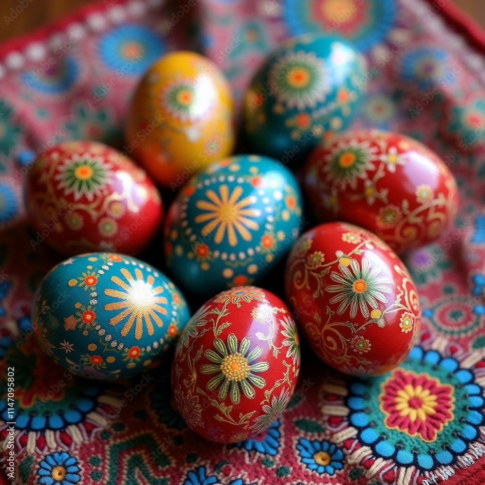 The image shows a group of seven colorful Easter eggs arranged in a pile on a red and blue patterned cloth. The eggs are of different sizes and colors, including red, blue, yellow, green, and orange. The image shows a group of seven colorful Easter eggs arranged in a pile on a red and blue patterned cloth. The eggs are of different sizes and colors, including red, blue, yellow, green, and orange.