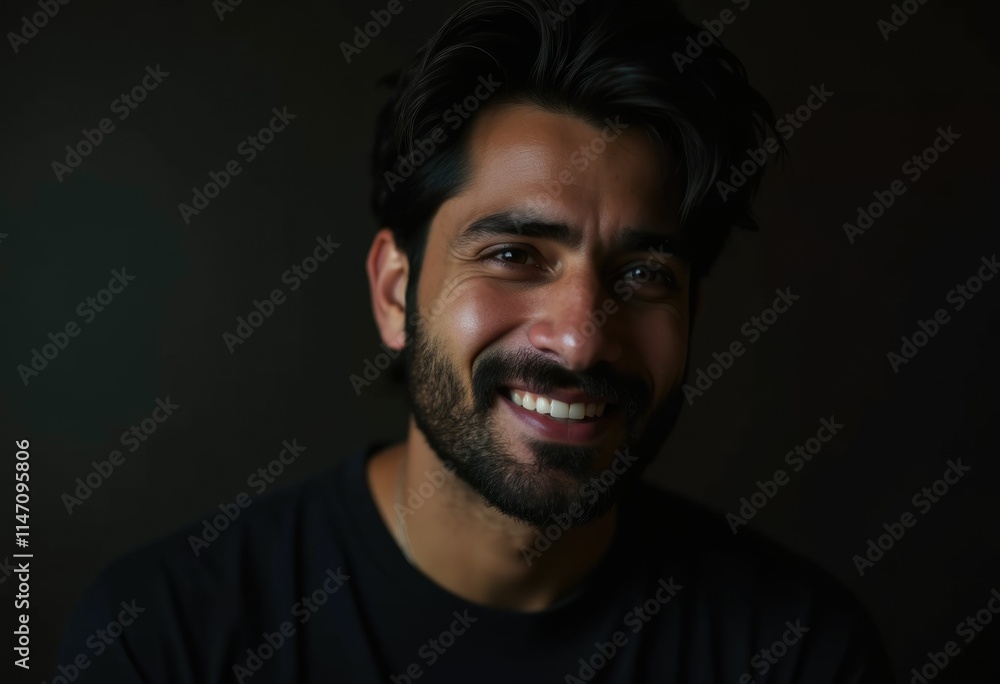 Fototapeta premium A portrait of a smiling man with dark hair and a beard against a dark background.