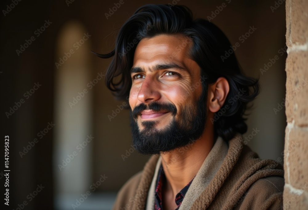 Fototapeta premium A man with long dark hair and a beard smiles gently, looking upwards with a hopeful expression.