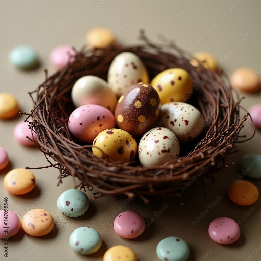 The image shows a nest filled with colorful Easter eggs. The nest is made of twigs and is placed on a beige background.