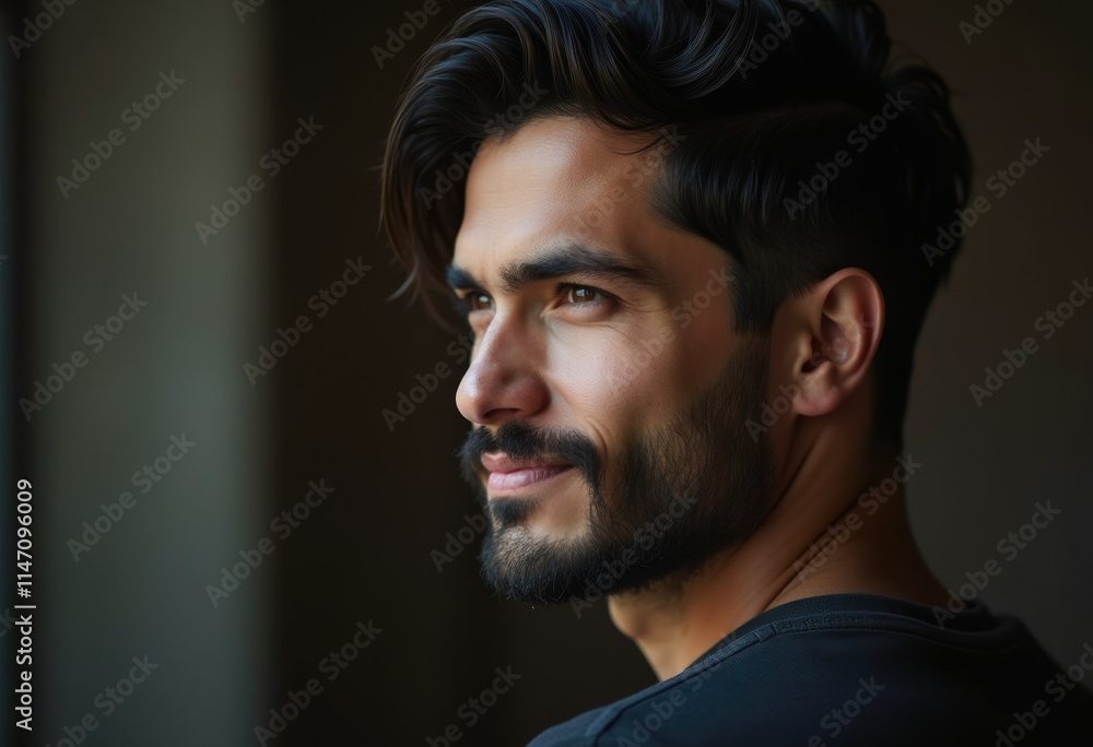 A thoughtful young man with dark hair and beard, looking off into the distance. A thoughtful young man with dark hair and beard, looking off into the distance.