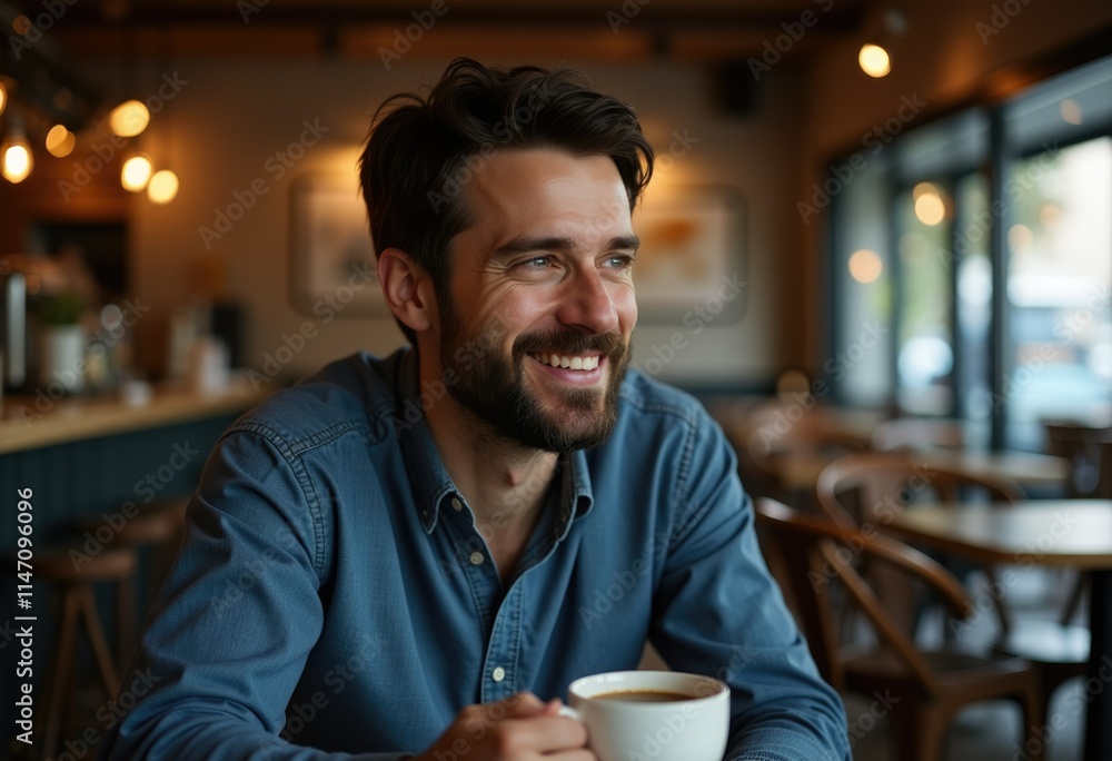A happy man smiles while enjoying a cup of coffee in a cafe. A happy man smiles while enjoying a cup of coffee in a cafe.