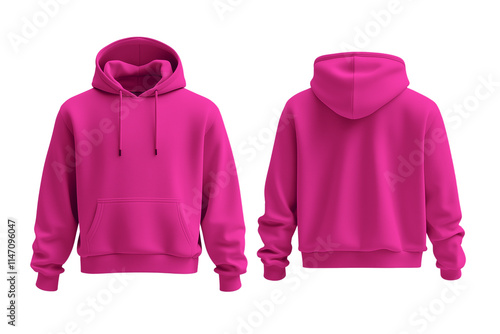 Pink hoodie mockup, front and back view, isolated on white background. photo