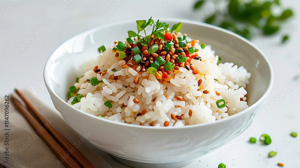 Delicious bowl of rice with sesame seeds and herbs Delicious bowl of rice with sesame seeds and herbs