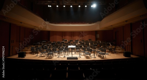 Empty orchestral concert hall with rows of chairs and music stands on stage under spotlight