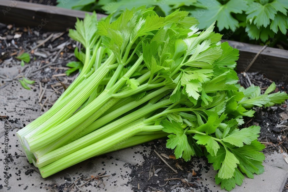 Freshly harvested celery is lying on the ground near the garden bed Freshly harvested celery is lying on the ground near the garden bed