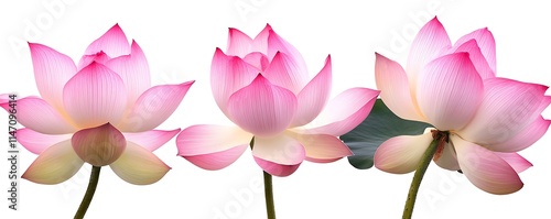 Beautiful pink lotus flowers, isolated on white background, top view, detailed and realistic.