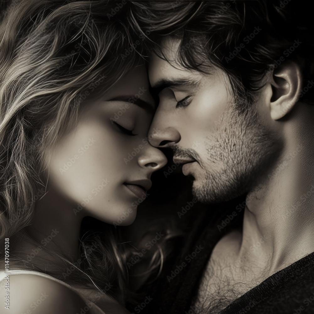 Intimate Portrait: A tender moment between a young couple, captured in black and white, showcasing the closeness and affection they share. Intimate Portrait: A tender moment between a young couple, captured in black and white, showcasing the closeness and affection they share.