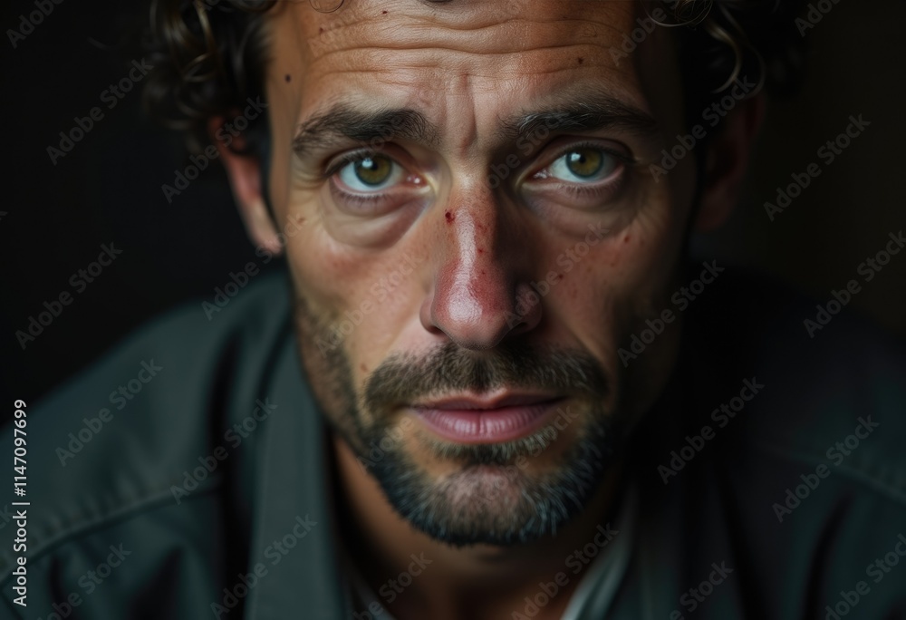 Close-up portrait of a man with a serious expression, showcasing his weathered face and intense gaze. Close-up portrait of a man with a serious expression, showcasing his weathered face and intense gaze.
