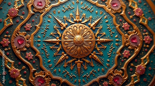 Wallpaper Mural Ornate Gold and Teal Medallion: A Regal, Decorative Masterpiece Torontodigital.ca