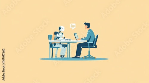 Collaboration between human and robot at a workspace desk during a project discussion with ample copy space. Generative AI