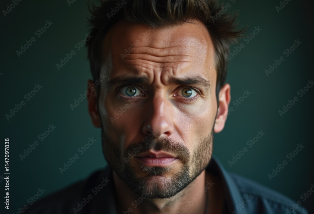 Fototapeta premium Close-up portrait of a man with a worried or skeptical expression, intense gaze and furrowed brow.