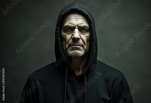 A serious, older man with a beard stares intently from beneath a dark hoodie.