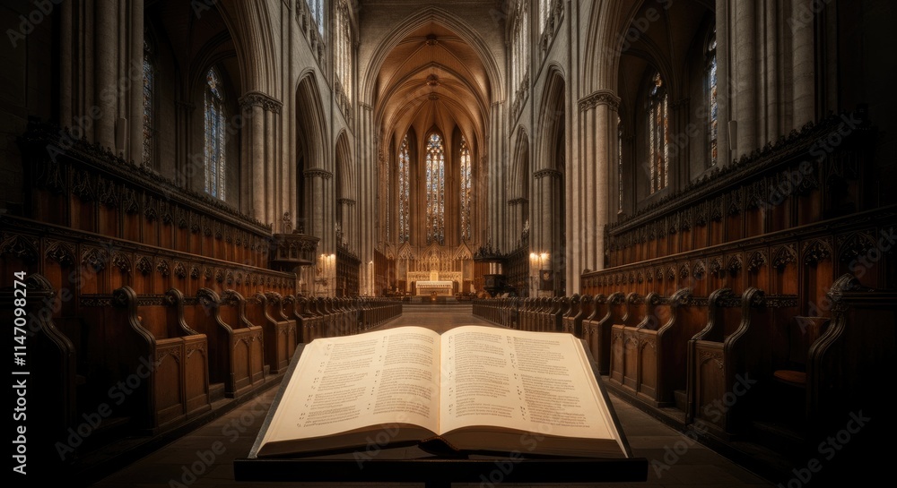 Fototapeta premium Majestic Gothic church interior with stained glass and open book