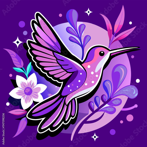 Elegant Purple Hummingbird Vector Illustration with Floral Design. photo