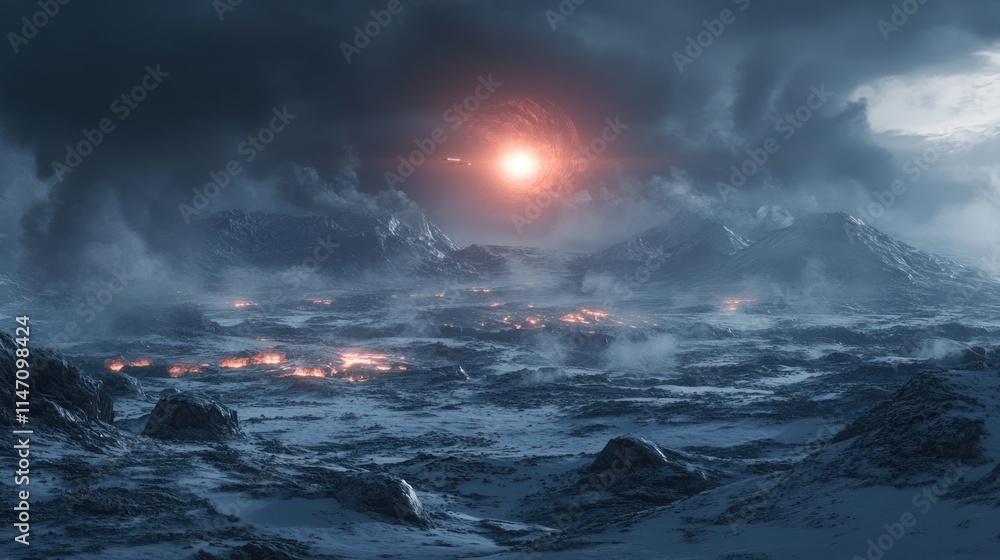 Alien planet landscape with volcanic activity and a red sun. Alien planet landscape with volcanic activity and a red sun.