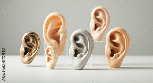 Various prosthetic ears displayed on stands in neutral tones