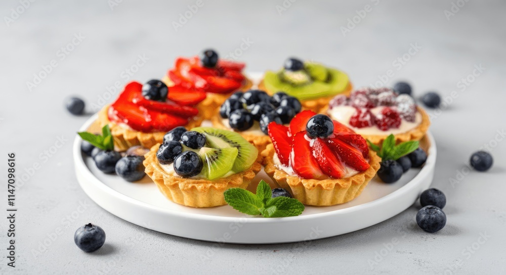 Assorted fruit tarts topped with fresh berries and kiwi Assorted fruit tarts topped with fresh berries and kiwi