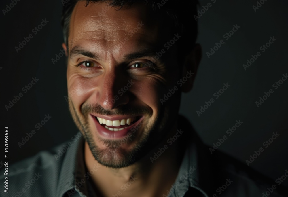 Fototapeta premium A man with a joyful, genuine smile, illuminated against a dark background.