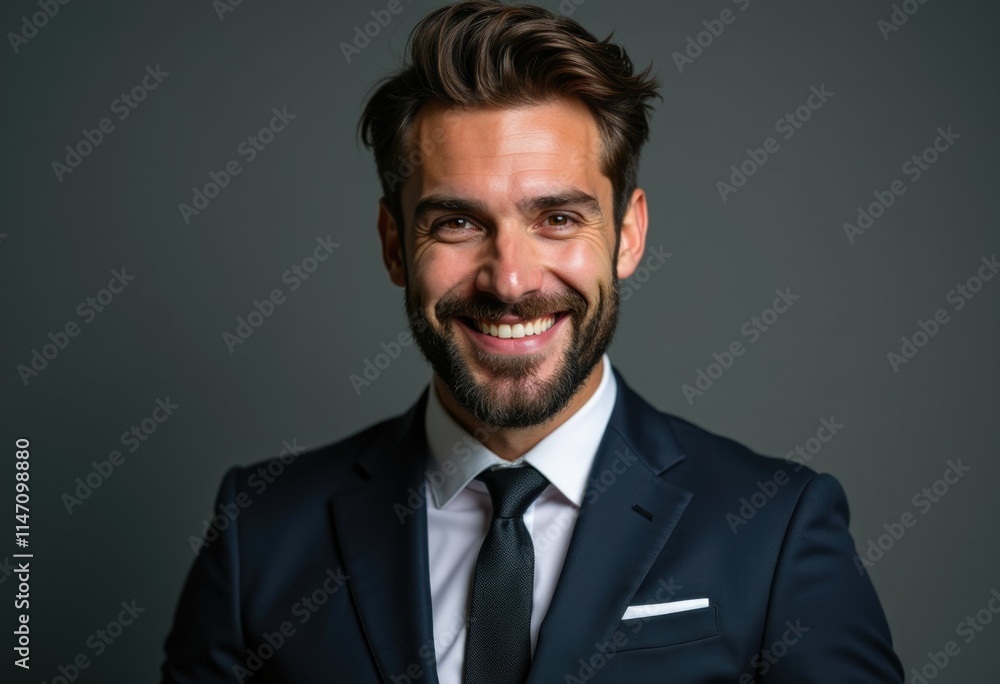 A happy, successful businessman in a dark suit smiles confidently. A happy, successful businessman in a dark suit smiles confidently.