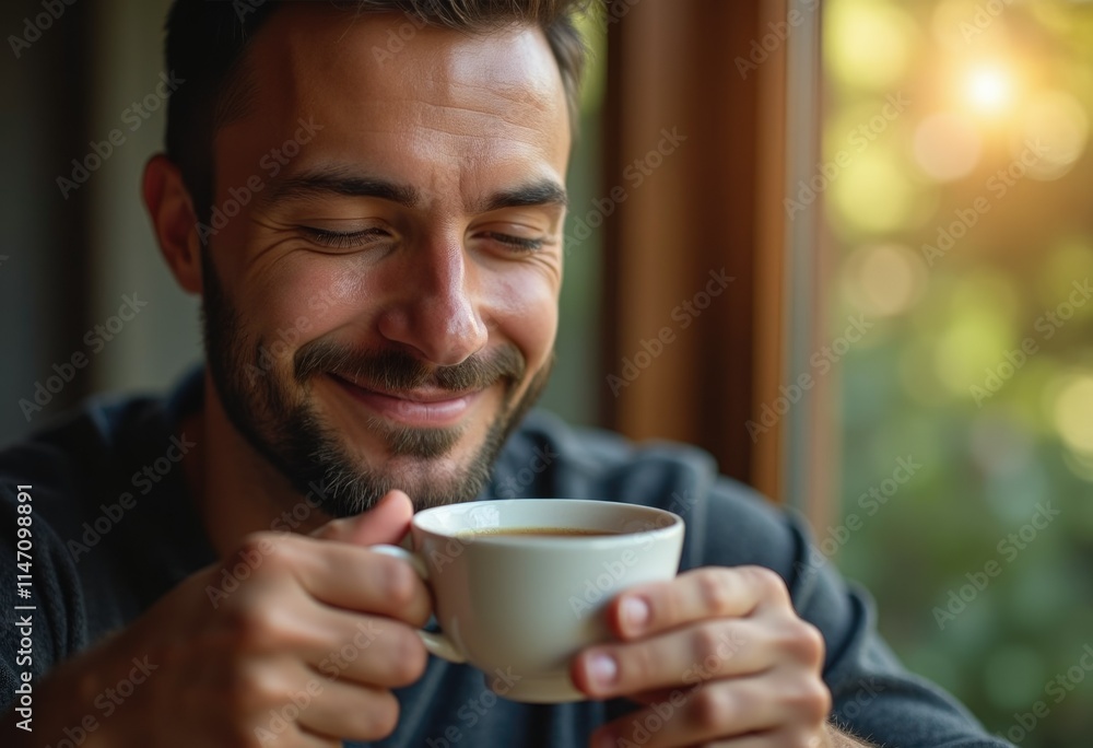 A man with a beard enjoys a warm cup of coffee near a window, eyes closed in contentment. A man with a beard enjoys a warm cup of coffee near a window, eyes closed in contentment.
