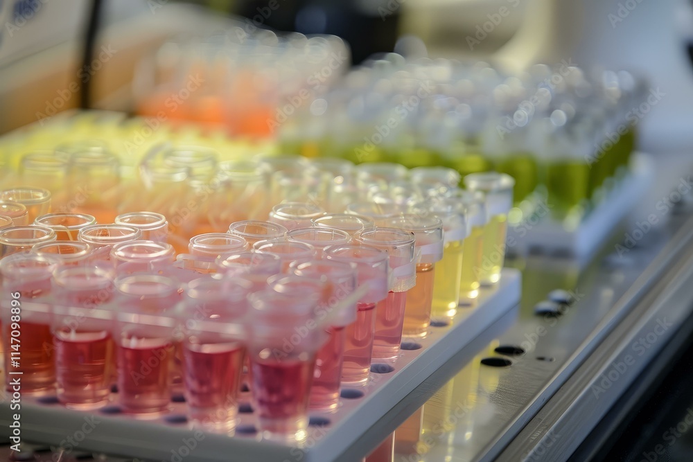 Close up of a rack of test tubes containing colorful liquid samples being analyzed by a scientist in a medical research laboratory Close up of a rack of test tubes containing colorful liquid samples being analyzed by a scientist in a medical research laboratory