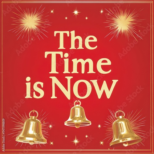 the time is now text on red background with gold bells