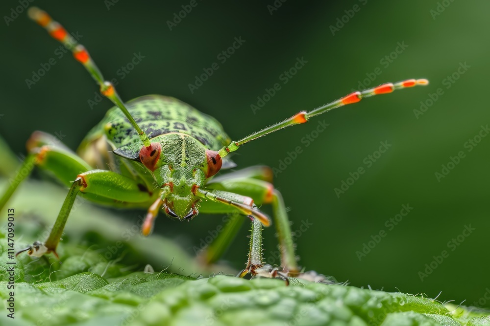 Macro photograph of a colorful shield bug with long antennae, standing on a bright green leaf Macro photograph of a colorful shield bug with long antennae, standing on a bright green leaf