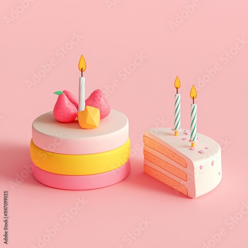 Cute 3D rendered birthday cake with candles and strawberries. photo