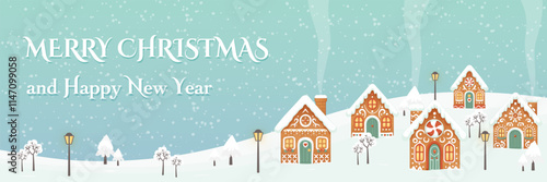Christmas panorama background. New year greeting card template with gingerbread houses village, trees and streetlights on blue background with snowflakes. Winter landscape banner. Vector illustration.
