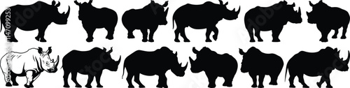 Rhino silhouettes set, rhinoceros pack of vector silhouette design, isolated background