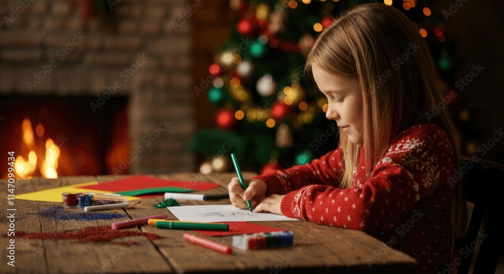 Young girl drawing at wooden table by Christmas tree and fireplace Young girl drawing at wooden table by Christmas tree and fireplace