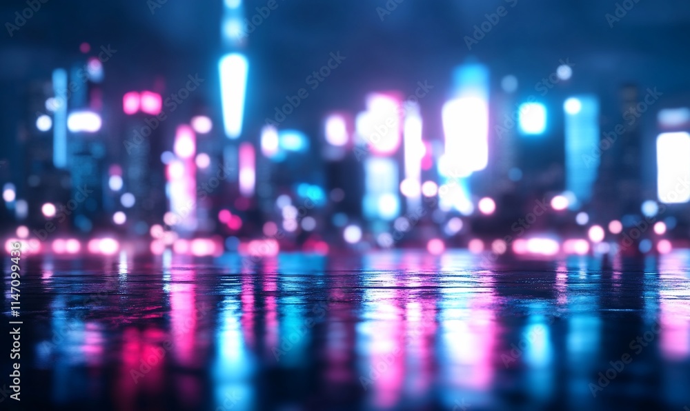 A blurred cityscape at night with colorful lights reflecting on water. A blurred cityscape at night with colorful lights reflecting on water.