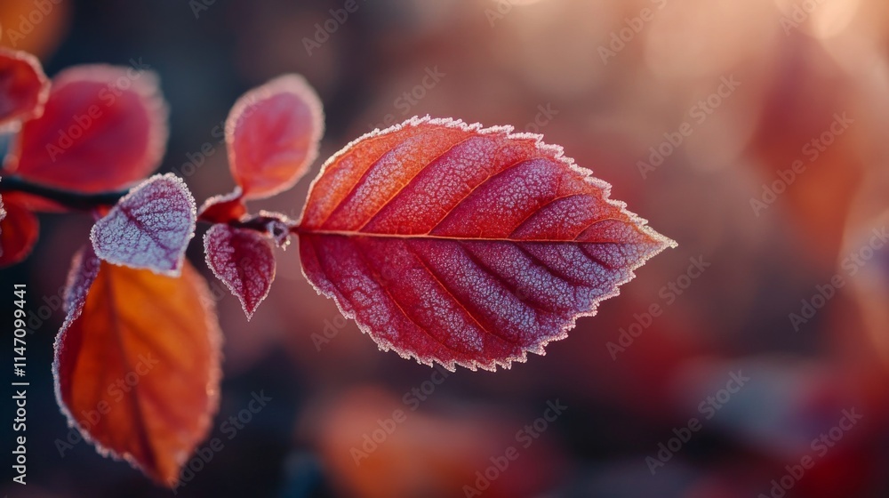 Frost Covered Red Autumn Leaves Branch Frost Covered Red Autumn Leaves Branch