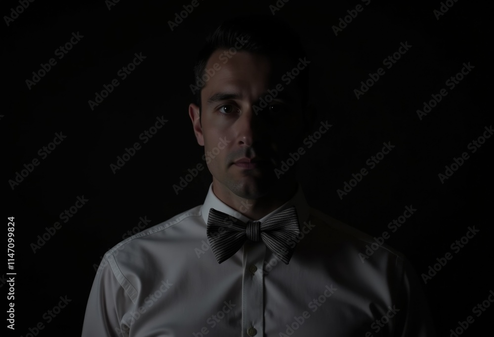 Fototapeta premium A man in a white shirt and bow tie, dramatically lit against a dark background.