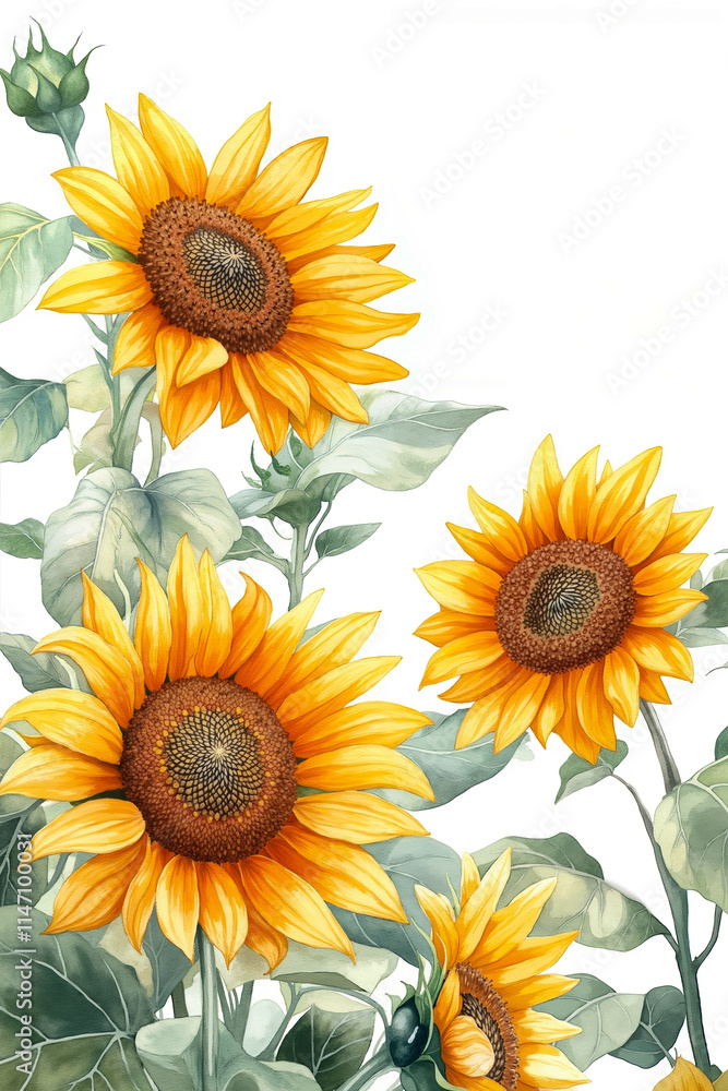 A bunch of sunflowers with green leaves on a white background