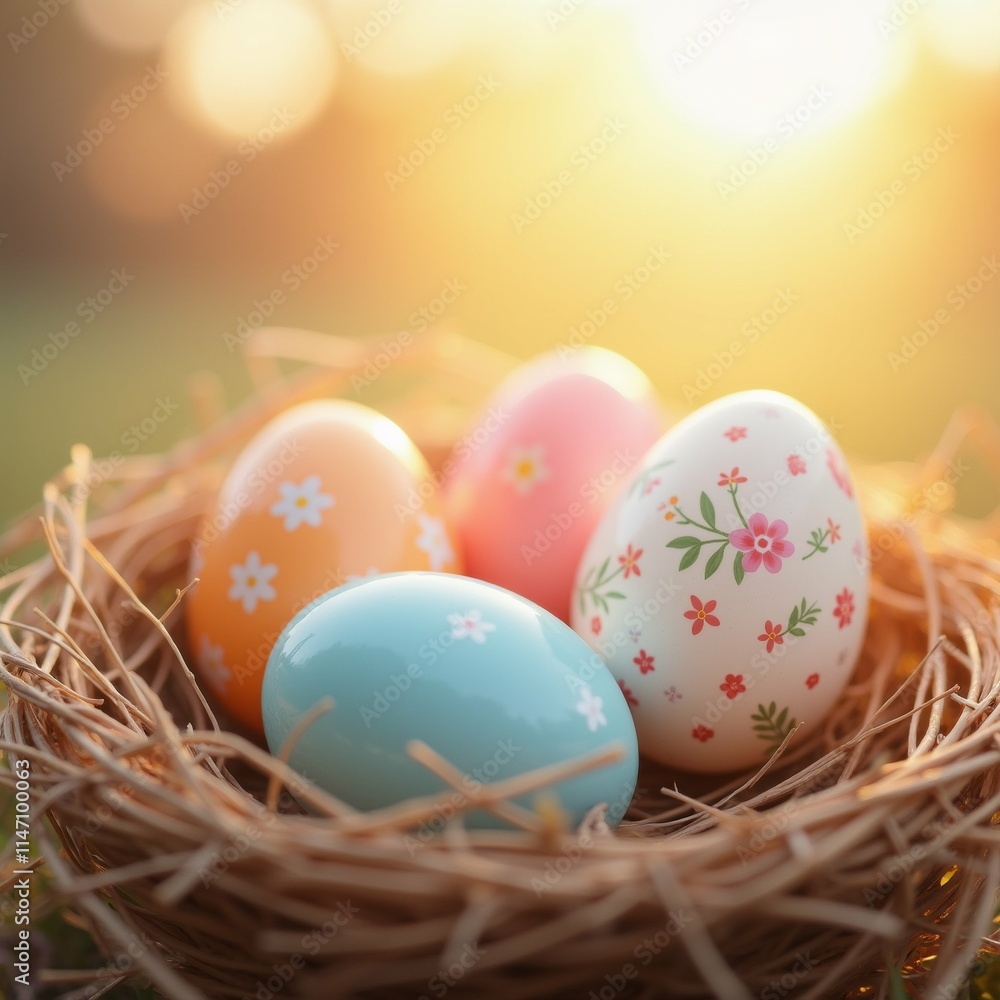 The image shows three Easter eggs in a nest. The nest is made of straw and is placed on a grassy surface. The eggs are of different colors - one is orange, one is pink, and one is blue. The image shows three Easter eggs in a nest. The nest is made of straw and is placed on a grassy surface. The eggs are of different colors - one is orange, one is pink, and one is blue.
