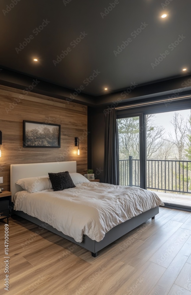Modern minimalist bedroom design featuring a large bed and scenic balcony view in a tranquil environment during Modern minimalist bedroom design featuring a large bed and scenic balcony view in a tranquil environment during