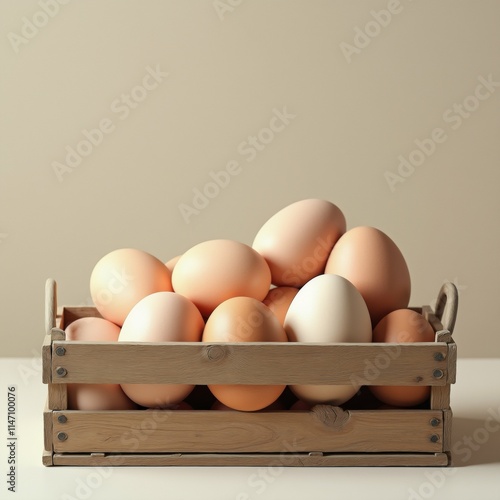 The image shows a wooden crate filled with eggs. The crate is made of light-colored wood and has a handle on the top for easy carrying. photo