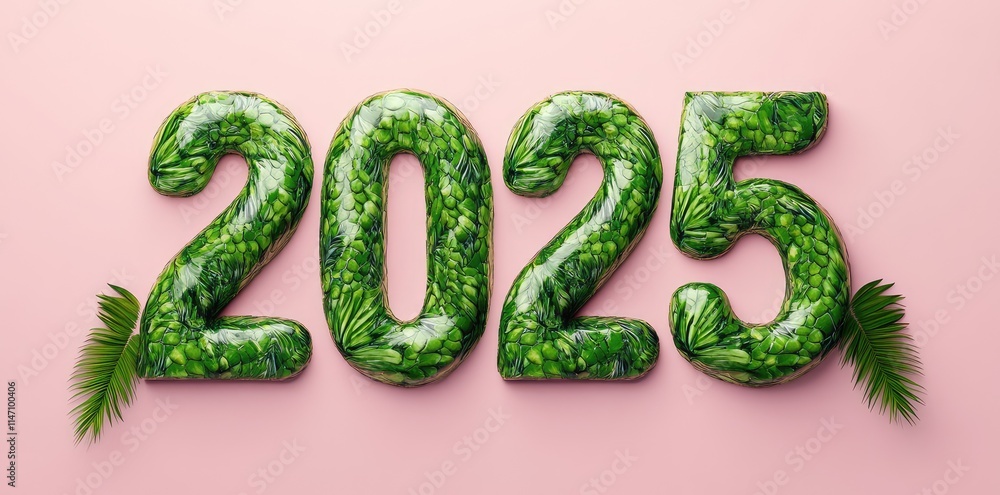 3D Green Snake-Shaped Text '2025' on a Pink Background 3D Green Snake-Shaped Text '2025' on a Pink Background
