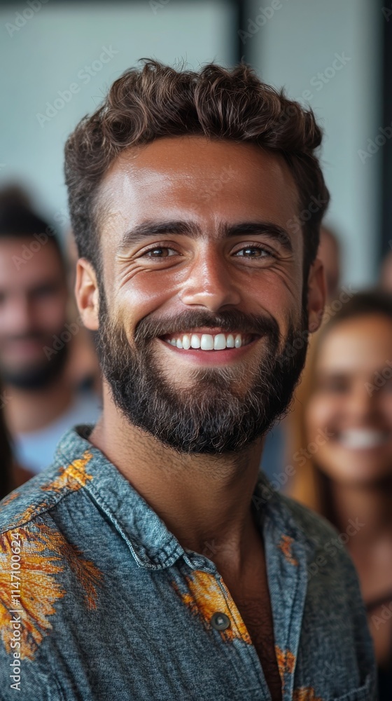 Smiling man in gray shirt standing confidently in a group setting at a modern venue during a casual gathering
