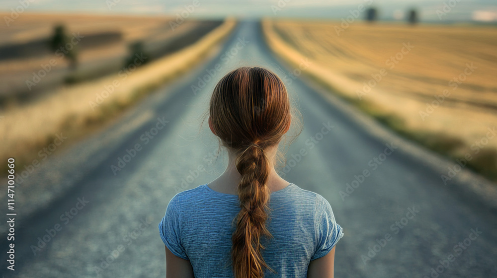 The Road Ahead: A young woman with long braided hair stands at a crossroads, gazing down a long, open road stretching into a sun-drenched landscape. The image evokes feelings of adventure. The Road Ahead: A young woman with long braided hair stands at a crossroads, gazing down a long, open road stretching into a sun-drenched landscape. The image evokes feelings of adventure.